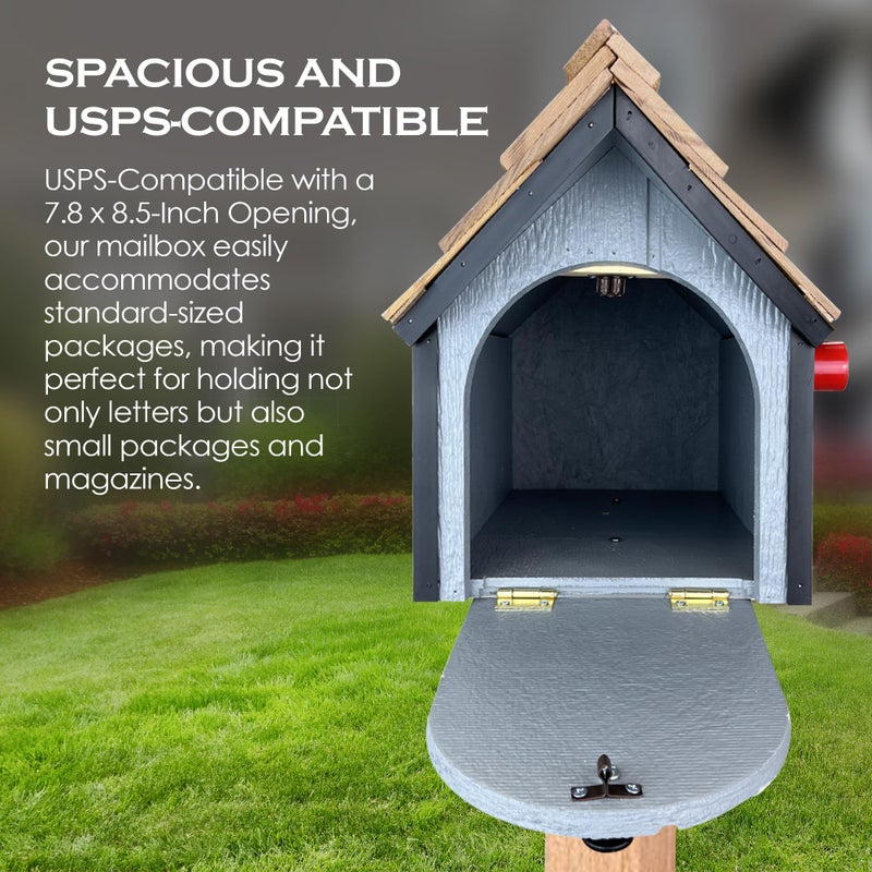Peaceful Classics Amish Cedar Roof Wooden Mailbox with Window & Door Trim, Handcrafted Mailboxes for Outside, Post Mount Residential Mailboxes - (Navy with White Trim) - Image 3
